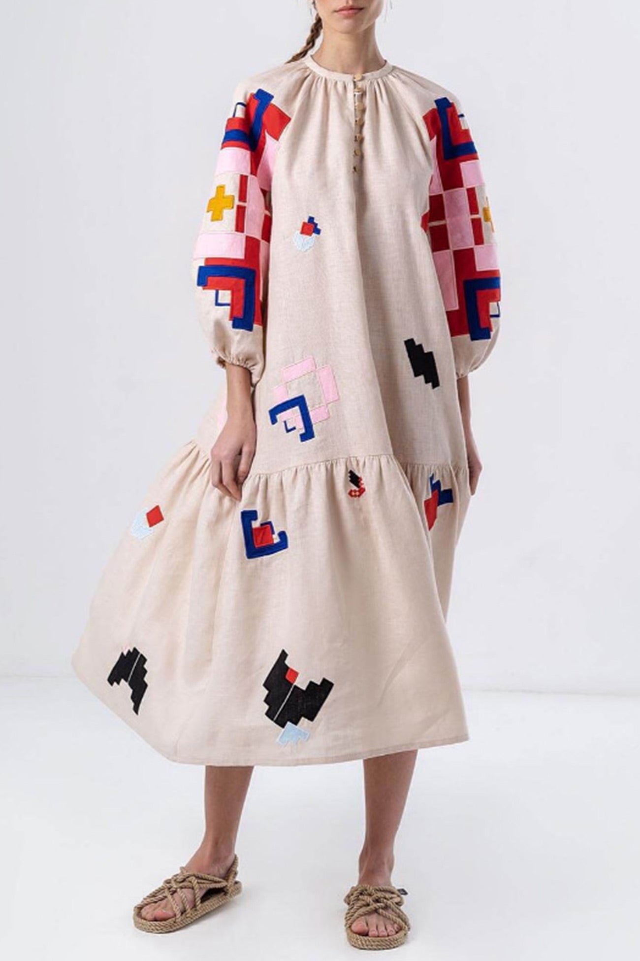 Magda | Printed linen dress with lantern sleeves