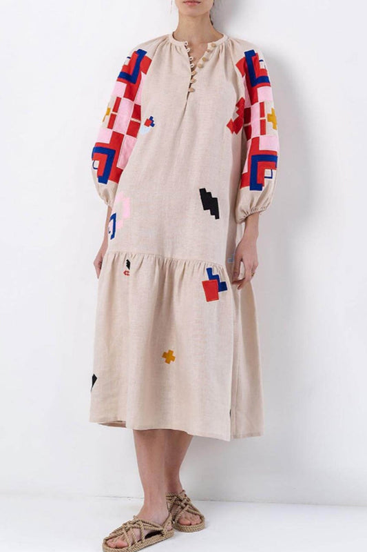 Magda | Printed linen dress with lantern sleeves