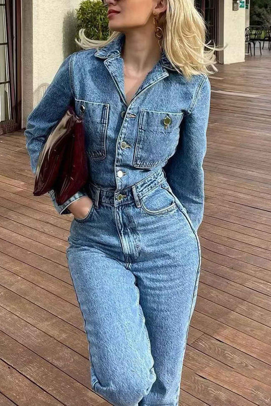 Hanna | Long sleeve denim jumpsuits with pockets and high waist