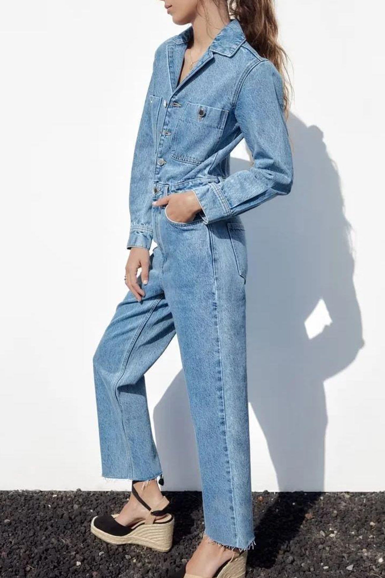 Hanna | Long sleeve denim jumpsuits with pockets and high waist