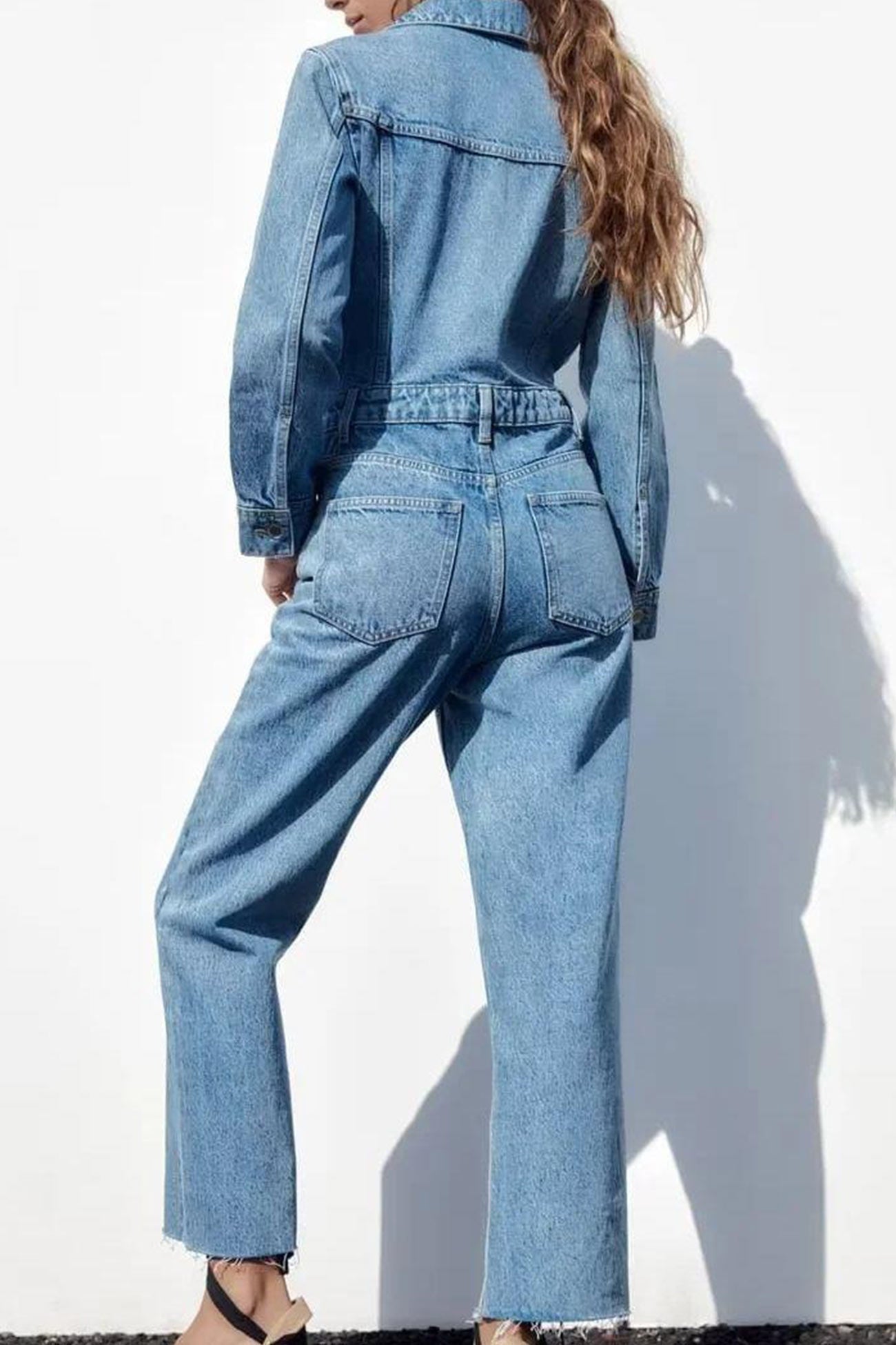 Hanna | Long sleeve denim jumpsuits with pockets and high waist