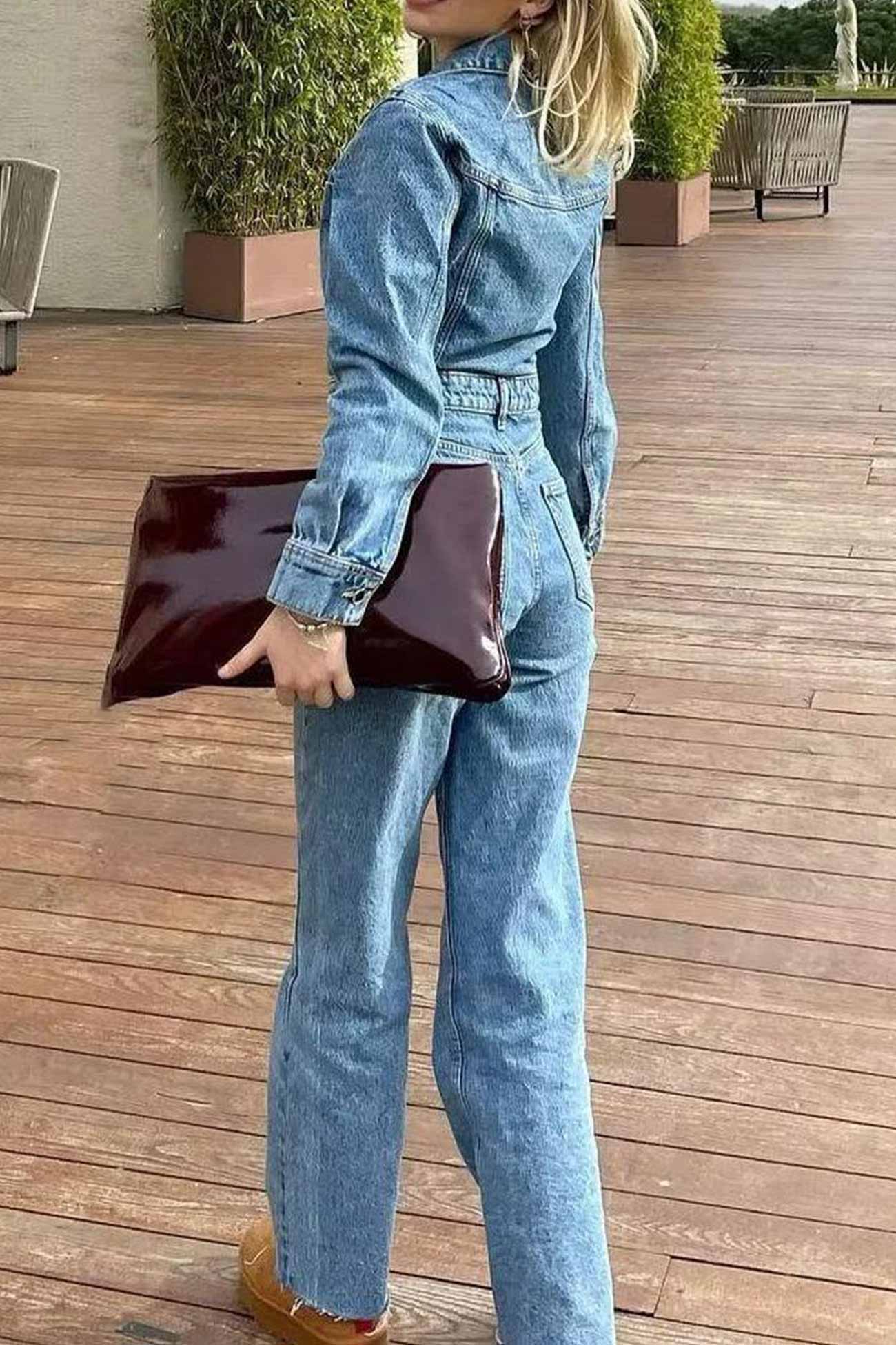 Hanna | Long sleeve denim jumpsuits with pockets and high waist