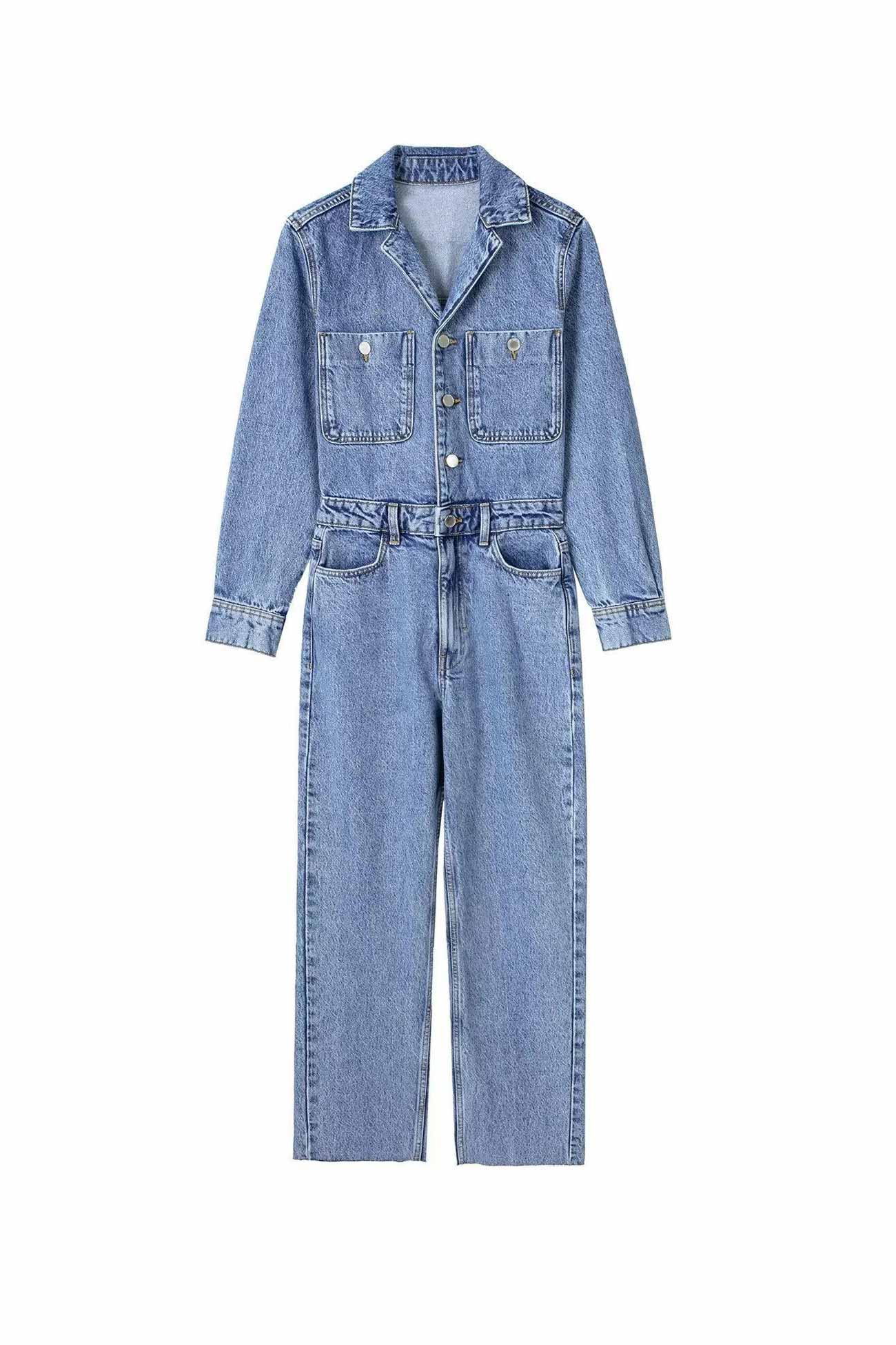 Hanna | Long sleeve denim jumpsuits with pockets and high waist