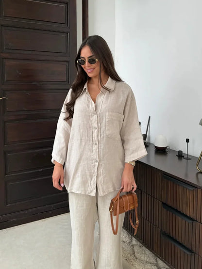 Pink Cotton Linen Loose Wide Office Two Piece Set