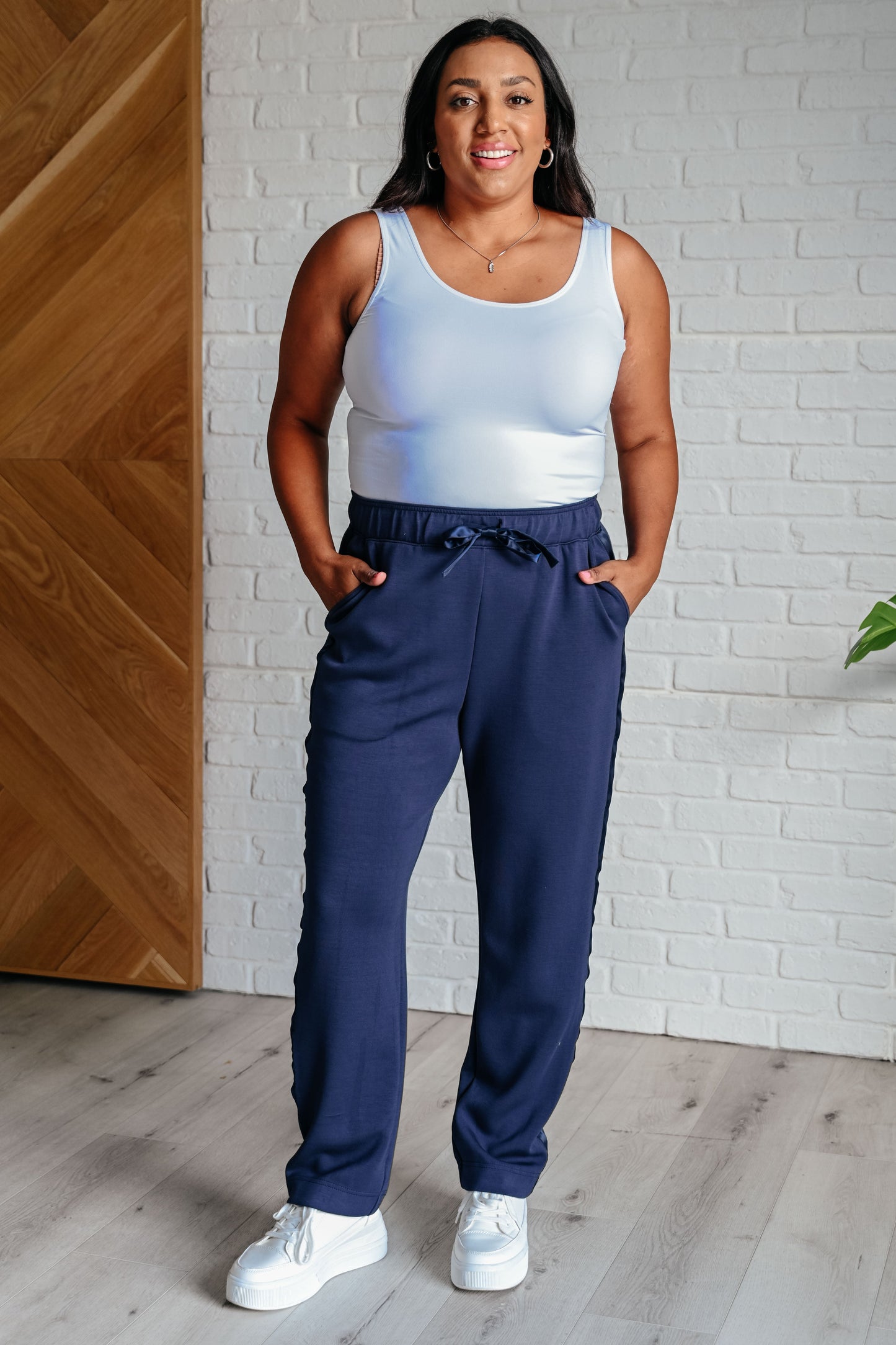 Flavia | Satin stripe lounge pants in smoky navy