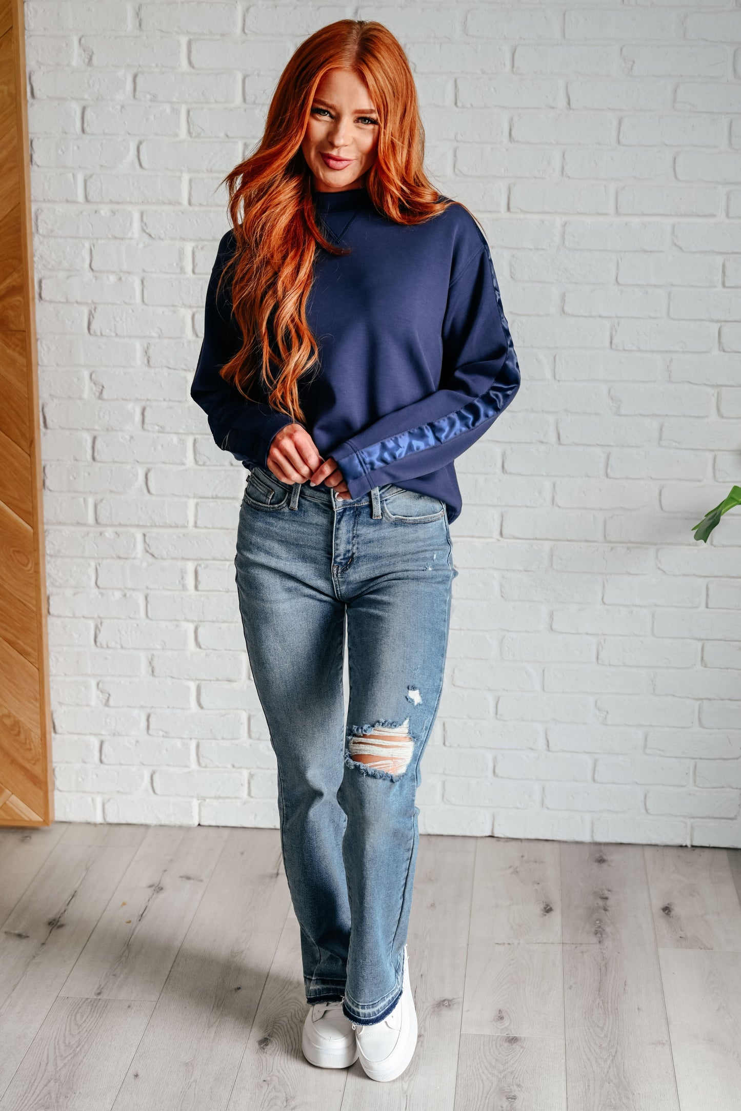 Tania | Satin stripe sweater in smoky navy