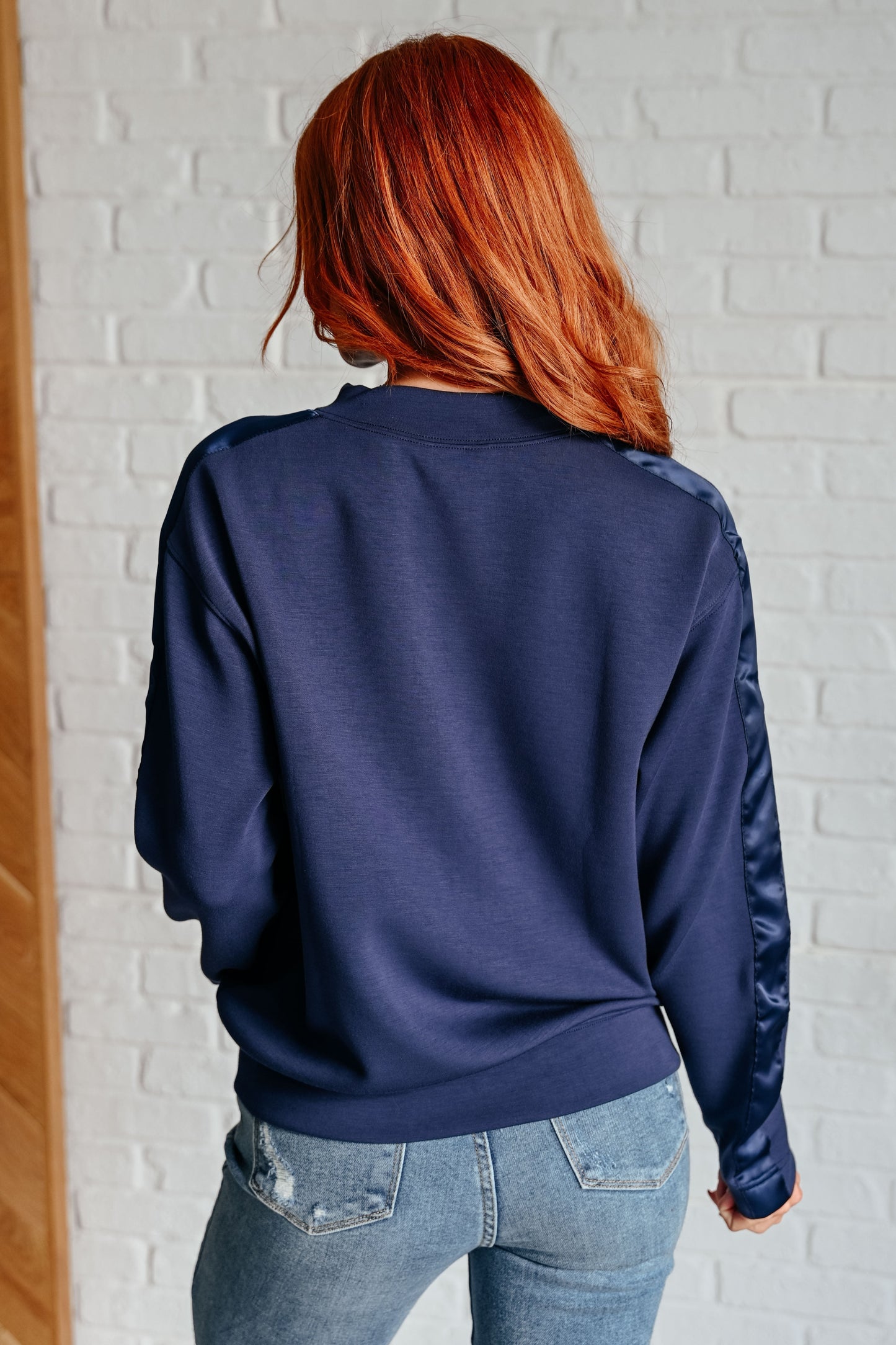 Tania | Satin stripe sweater in smoky navy