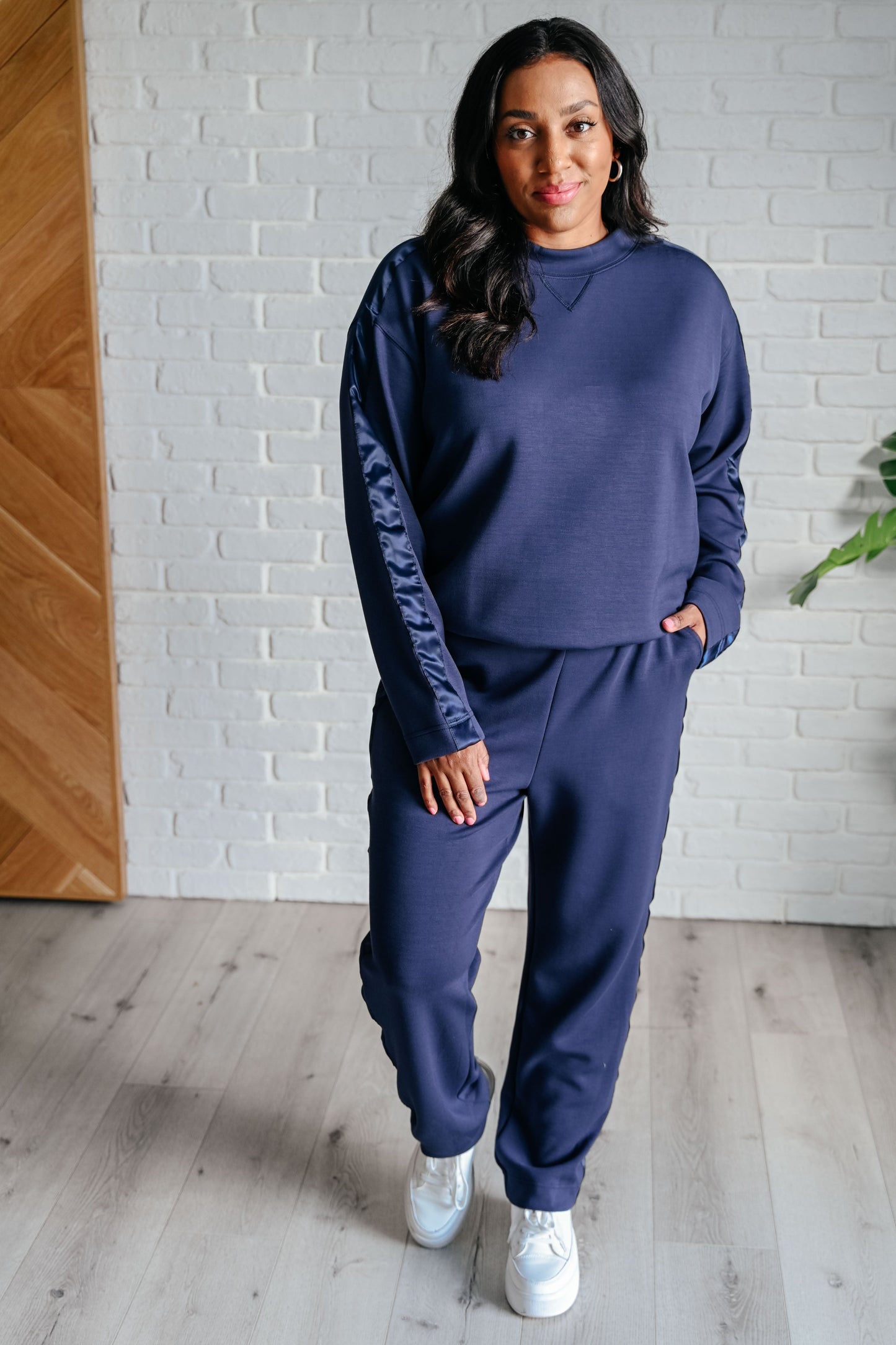 Tania | Satin stripe sweater in smoky navy
