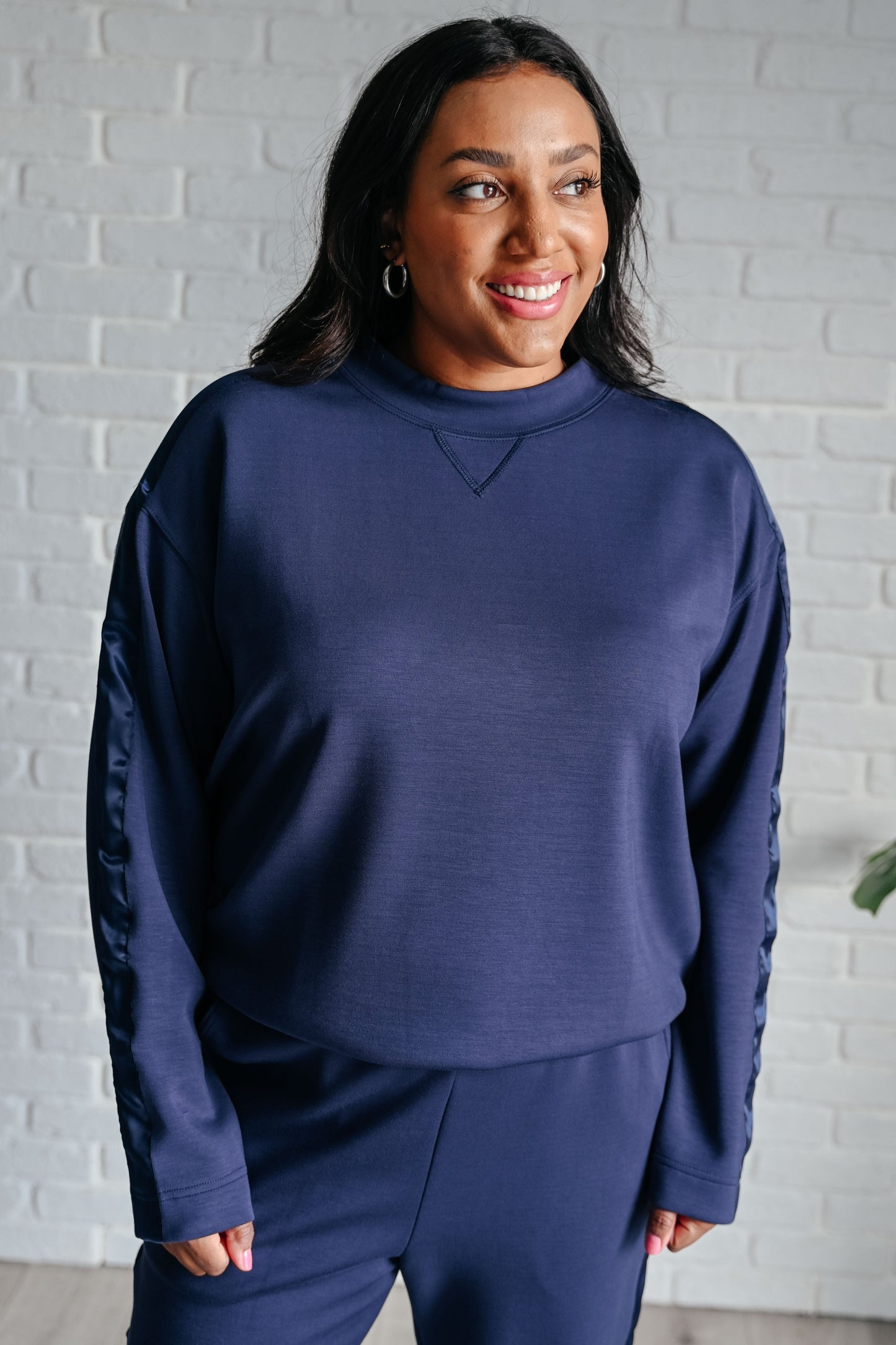 Tania | Satin stripe sweater in smoky navy