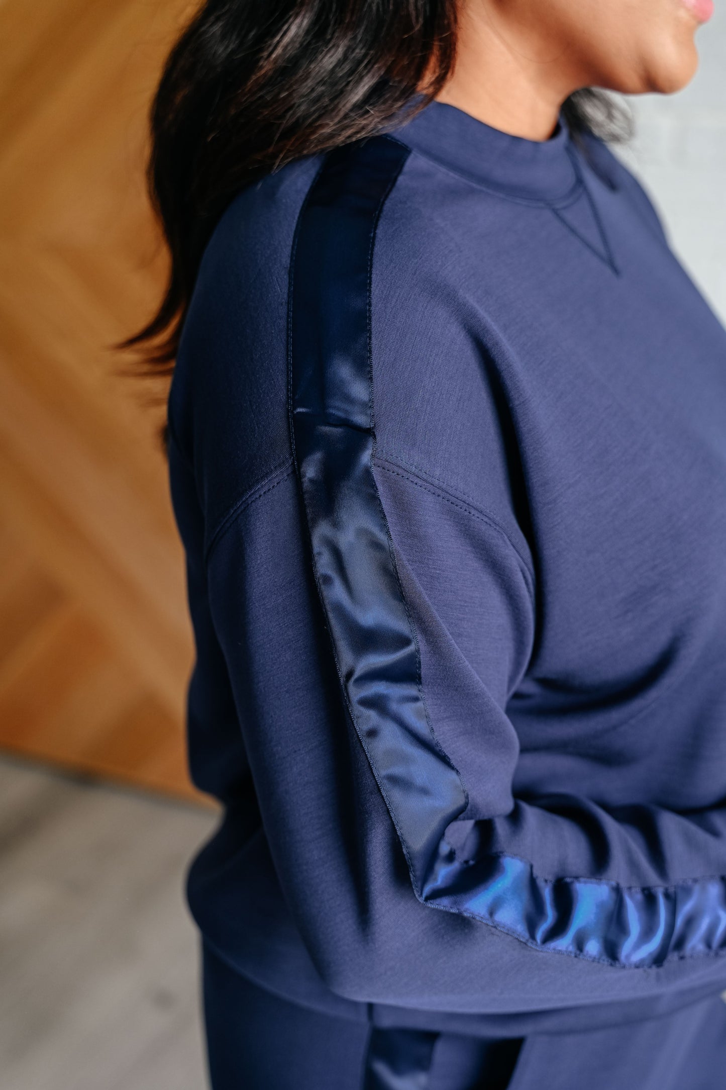 Tania | Satin stripe sweater in smoky navy