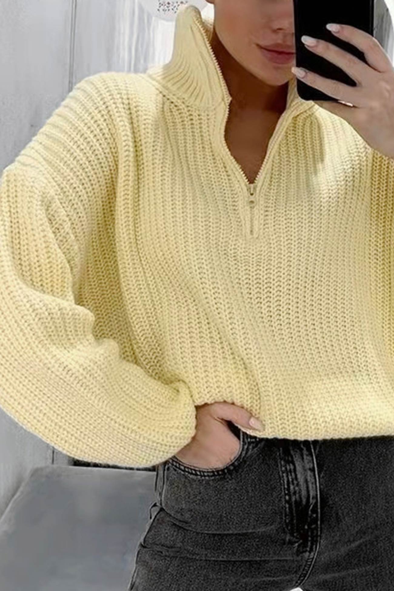 Daria | Pullover knit top with stand-up collar and zip