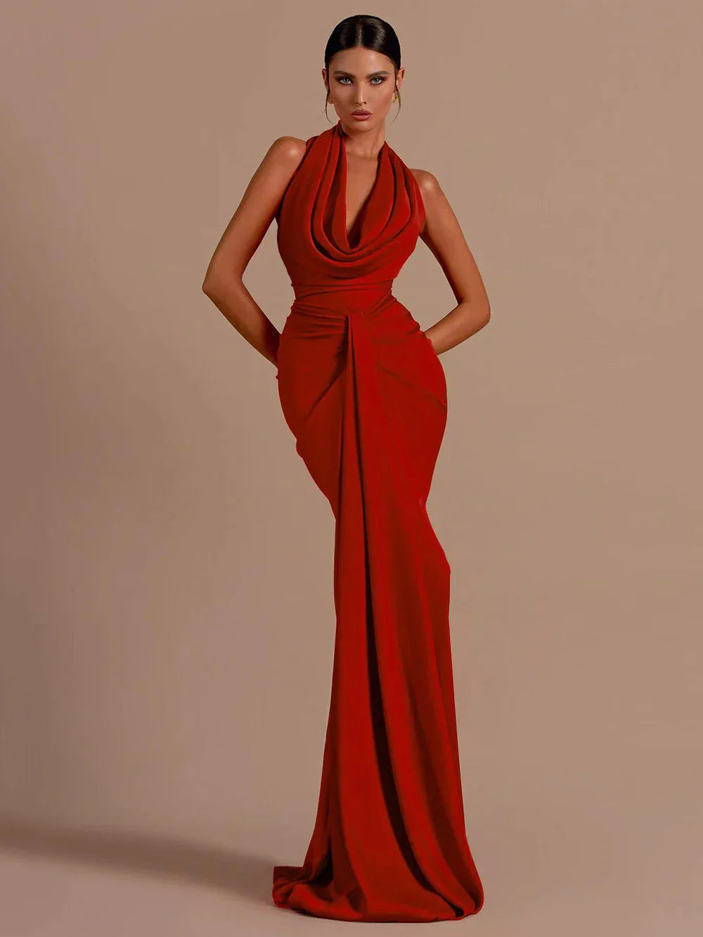 Sexy Backless Sleeveless Halter V-Neck Red Draped Maxi Bodycon Elegant Party Dress