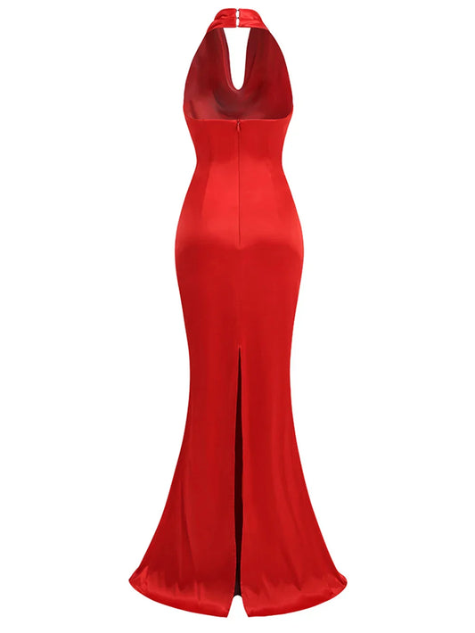 Sexy Backless Sleeveless Halter V-Neck Red Draped Maxi Bodycon Elegant Party Dress