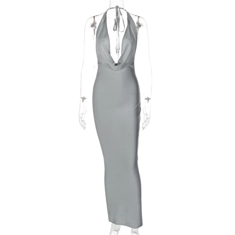 Elegant Satin Deep V Neck Sleeveless Maxi Party Dress