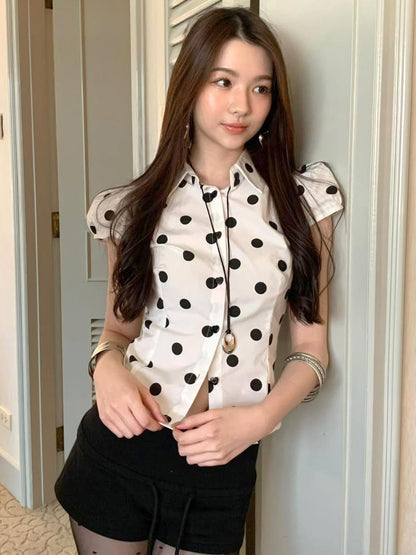 Vintage Polka Dot Print Short Sleeve Loose Versatile Blouse