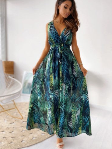 Fátima® | Bohemian Maxi Dress For Women With Deep V-Neck And Tie Belt
