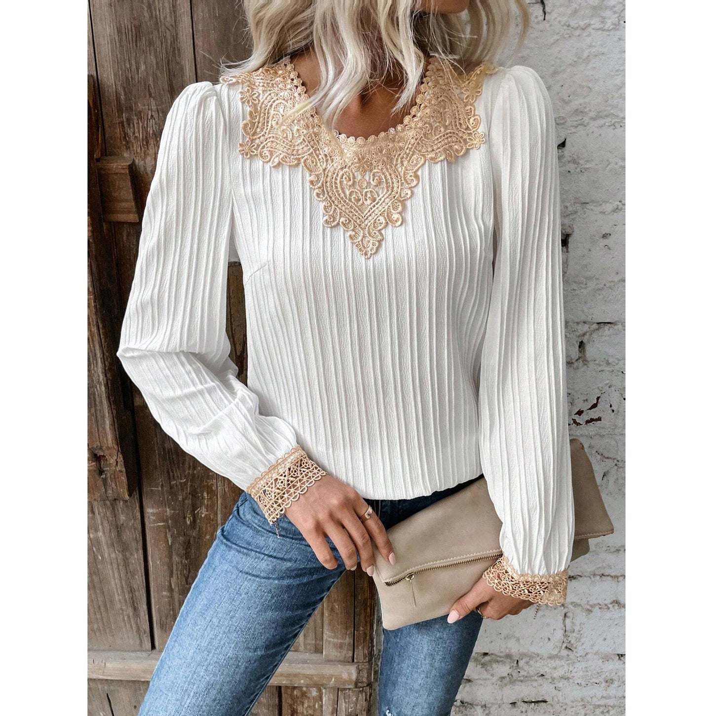 Corina® | Women'S Blouse With Elegant Lace Details And Ribbed Design