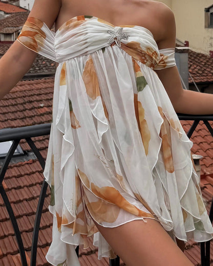 Chiffon Printed French Strapless Celebrity Fairy Dress