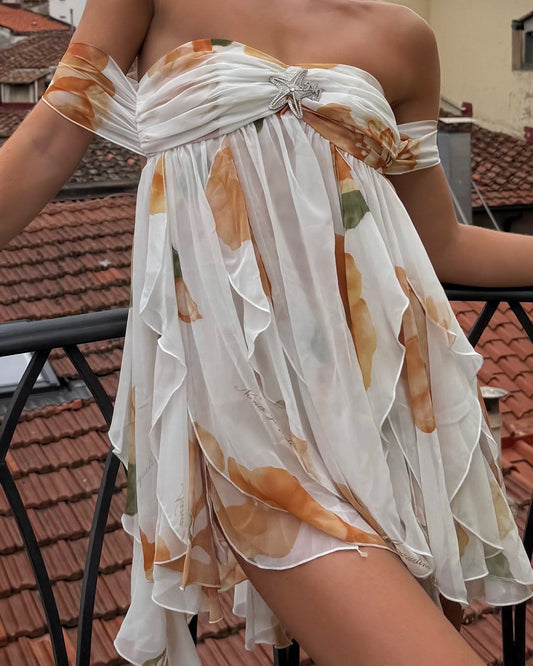 Chiffon Printed French Strapless Celebrity Fairy Dress
