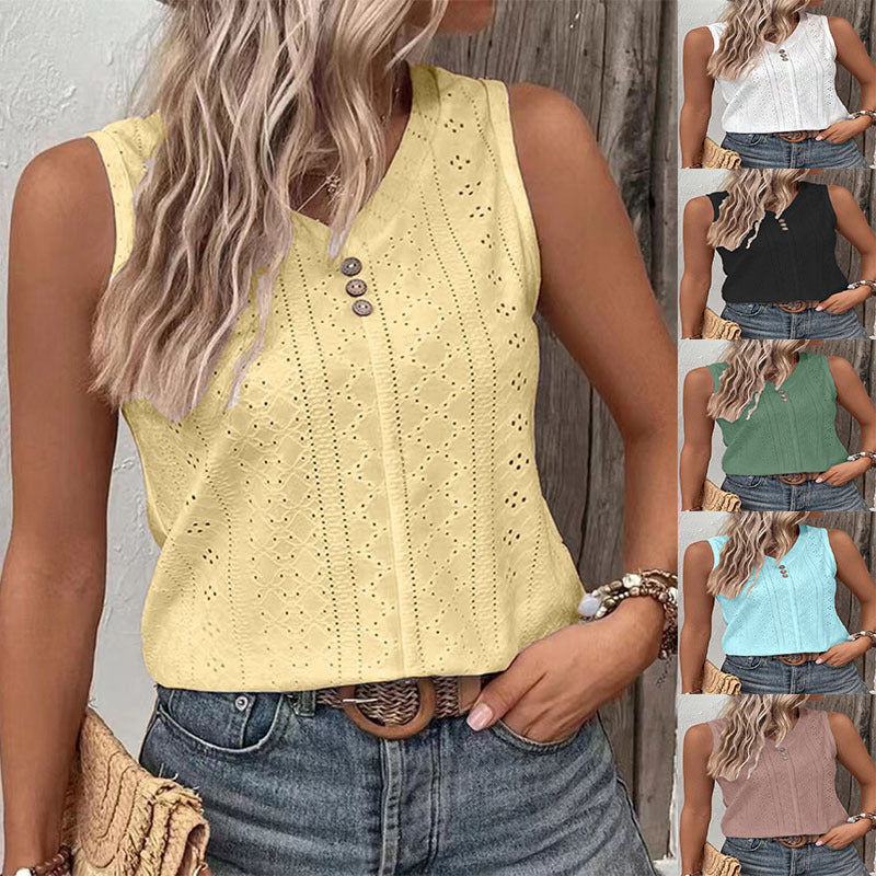 Sol® | Women'S Sleeveless Top With Button Detail And Openwork Pattern