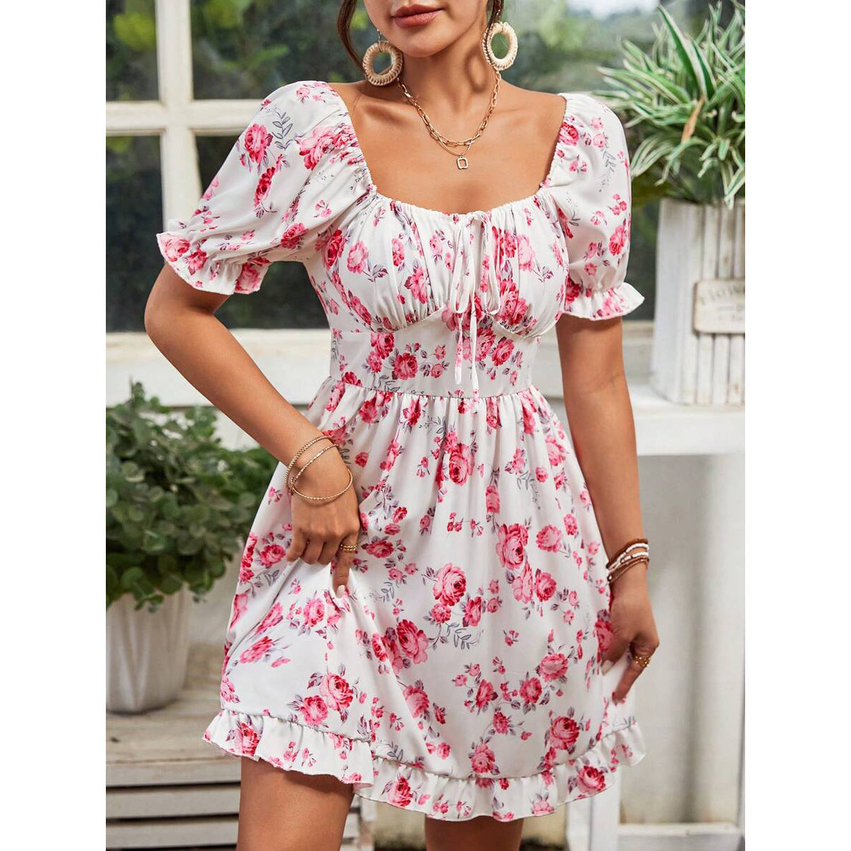 Tatiana® | Women'S Floral Basic Dress With Puff Sleeves And Adjustable Neckline