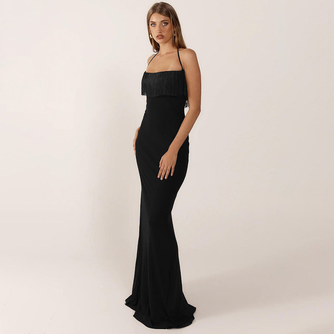 Tassel stitching halterneck backless high waist dress