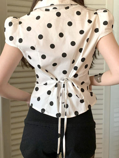 Vintage Polka Dot Print Short Sleeve Loose Versatile Blouse