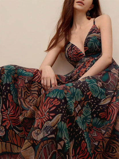 Printed V-neck Seaside Suspender Dress