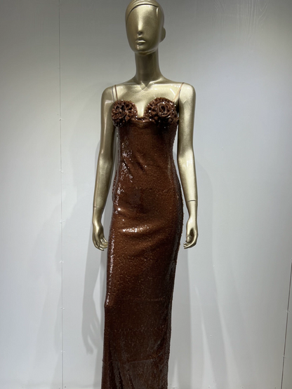 Sleeveless Backless Flower Sequins  Bodycon Maxi Long Dress