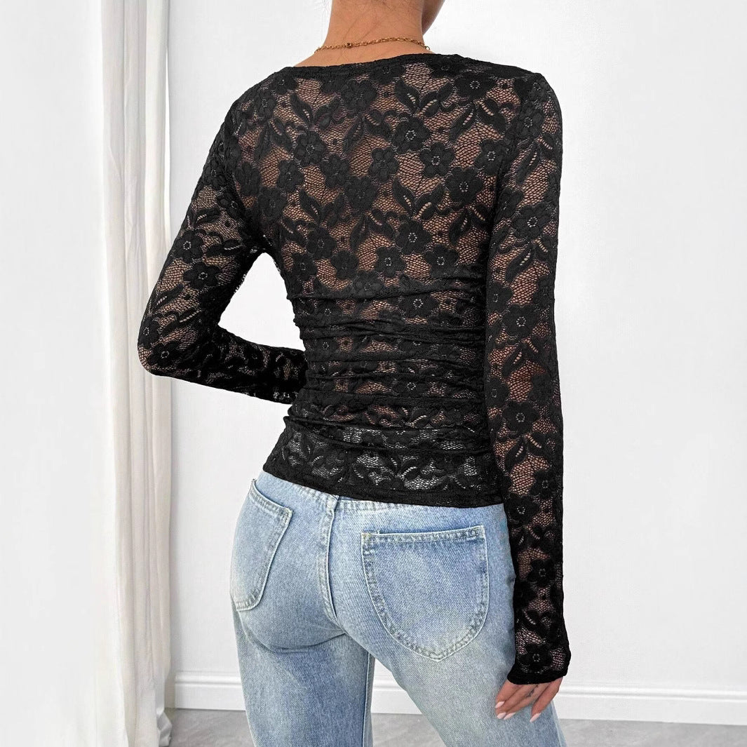 Yessica® | Chemisier en dentelle à motif floral et plis – Chemisier élégant à encolure carrée