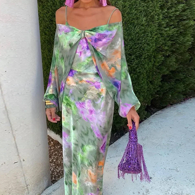 One-Shoulder Tie-Dye Print Suspender Cape Dress
