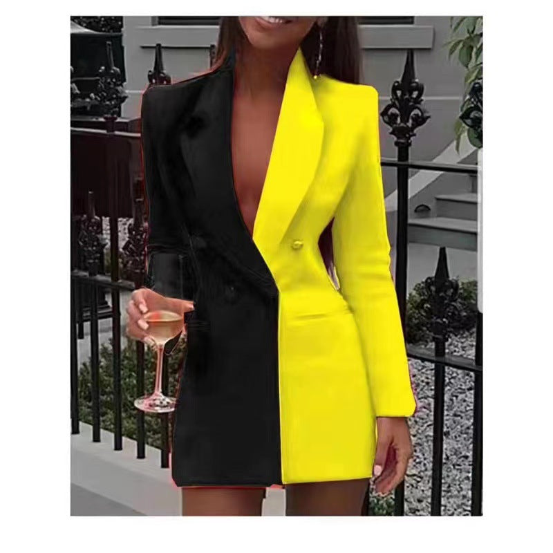 Gloria® | Women'S Blazer Dress With Asymmetric Color Design And Double Button Placket