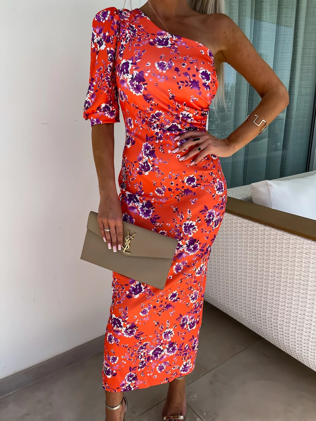 Yesica® | Women'S Asymmetric Maxi Dress With Puff Sleeves And Eye-Catching Pattern