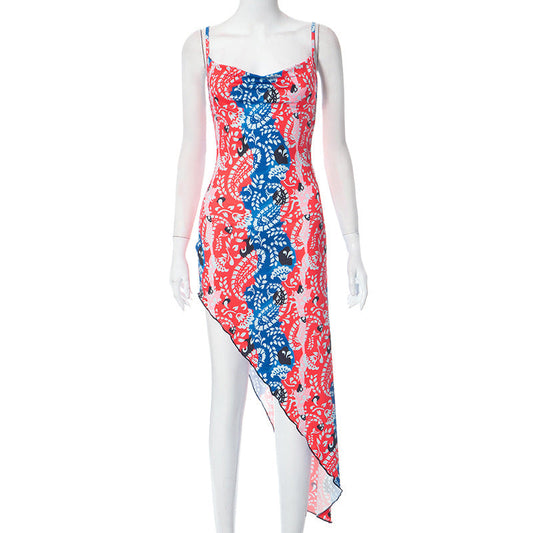 Elena® | Women'S Asymmetrical Summer Dress With Floral Pattern And Spaghetti Straps