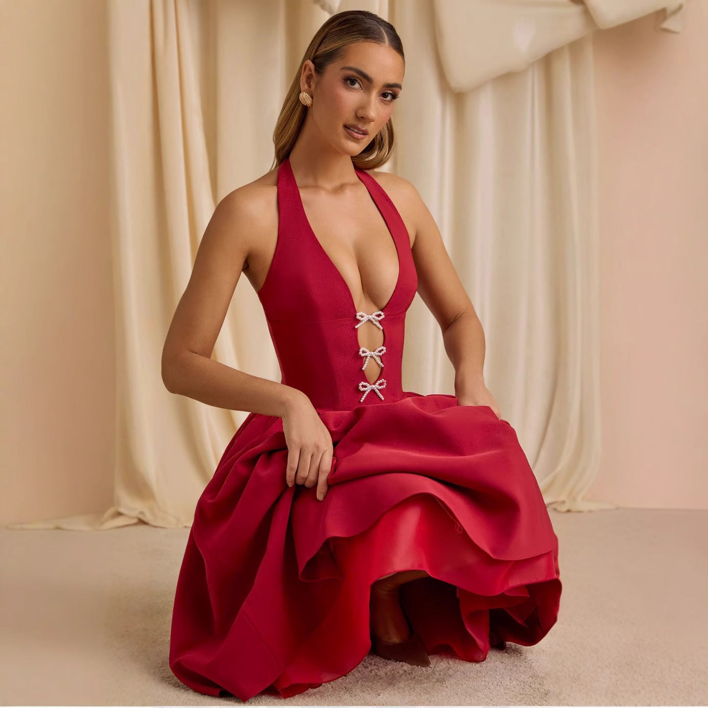 Norma® | Women'S Evening Dress With Deep V-Neck And Elegant Bows