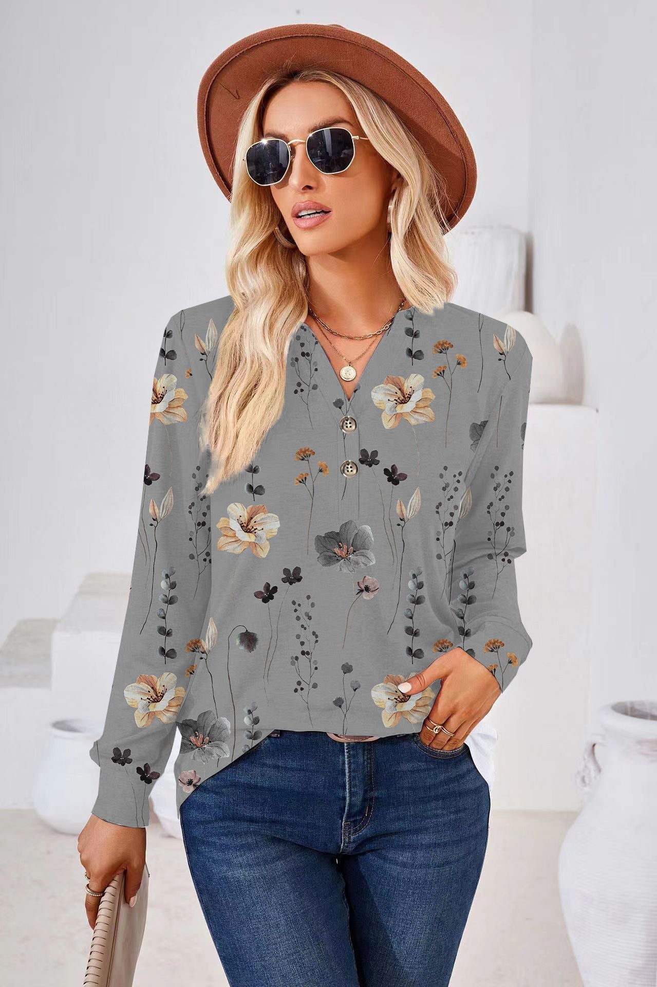Fiona® | Women'S Blouse With Floral Print And Button Details