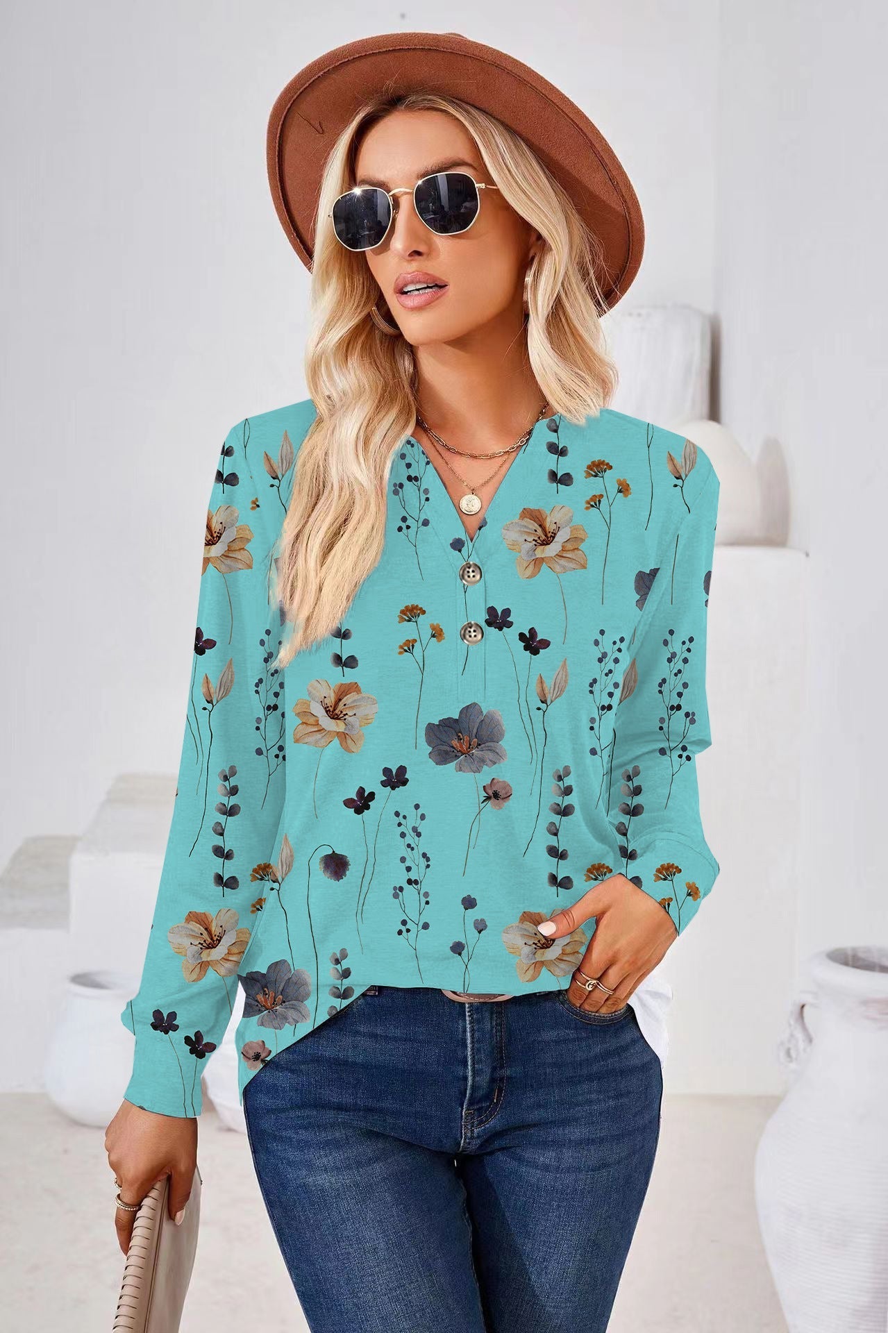 Elda® | Women'S Blouse With Floral Design And Button Placket