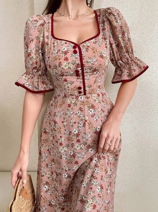 Noemí® | Women'S Floral Print Maxi Dress With Chic Square Neckline And Puff Sleeves
