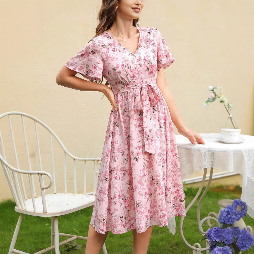 Zuleyka® | Women'S Floral Dress With V-Neck And Tailored Tie Belt
