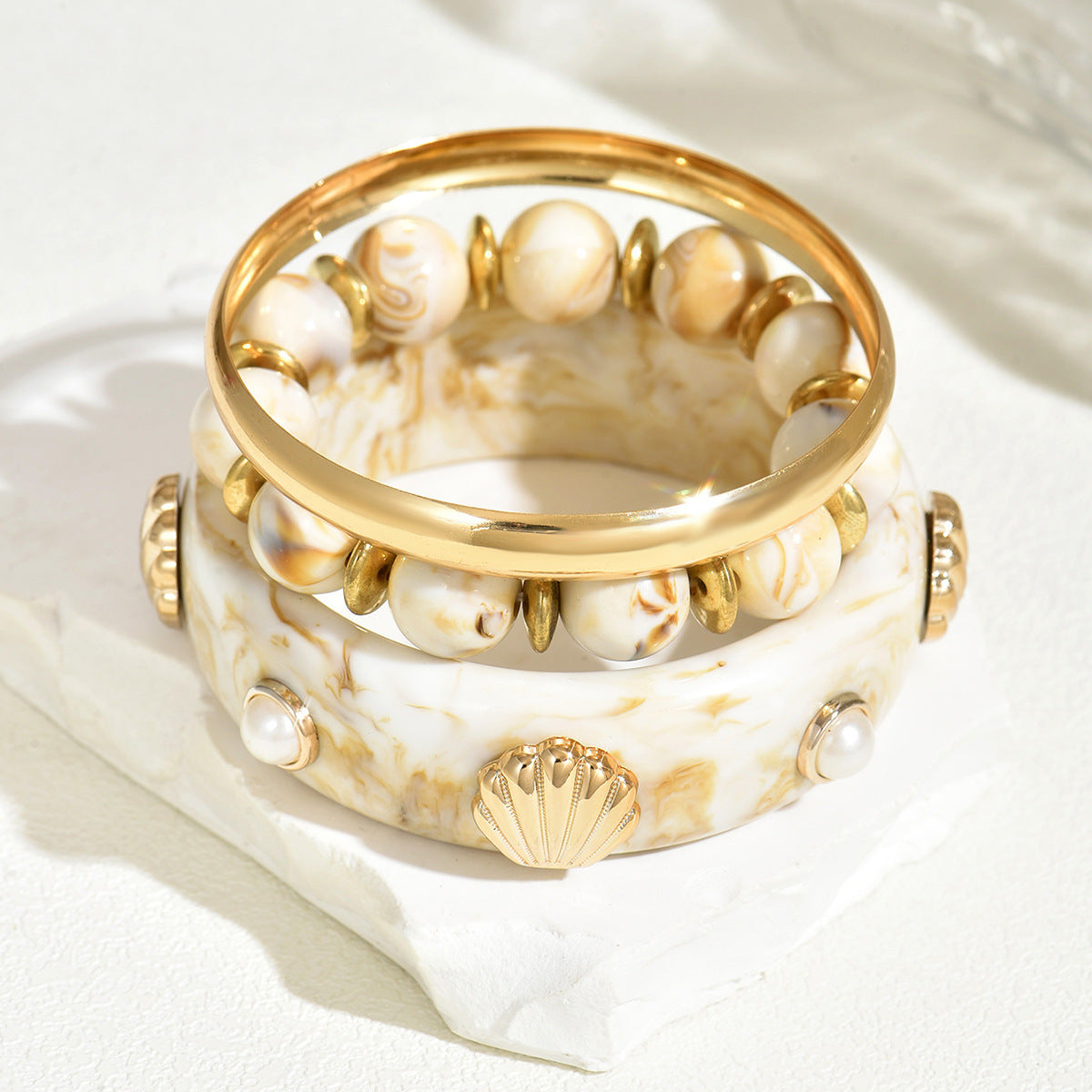 Shell Pearl Resin Bead Boho Layered Bracelet