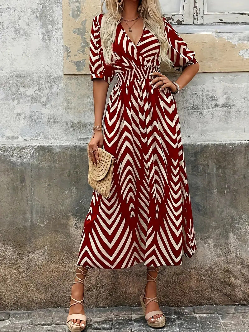 Isabella® | Elegant V-Neck Dress With Geometric Print