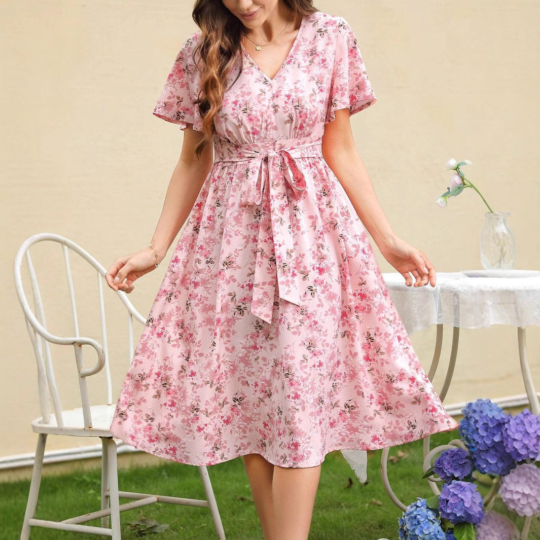 Zuleyka® | Women'S Floral Dress With V-Neck And Tailored Tie Belt