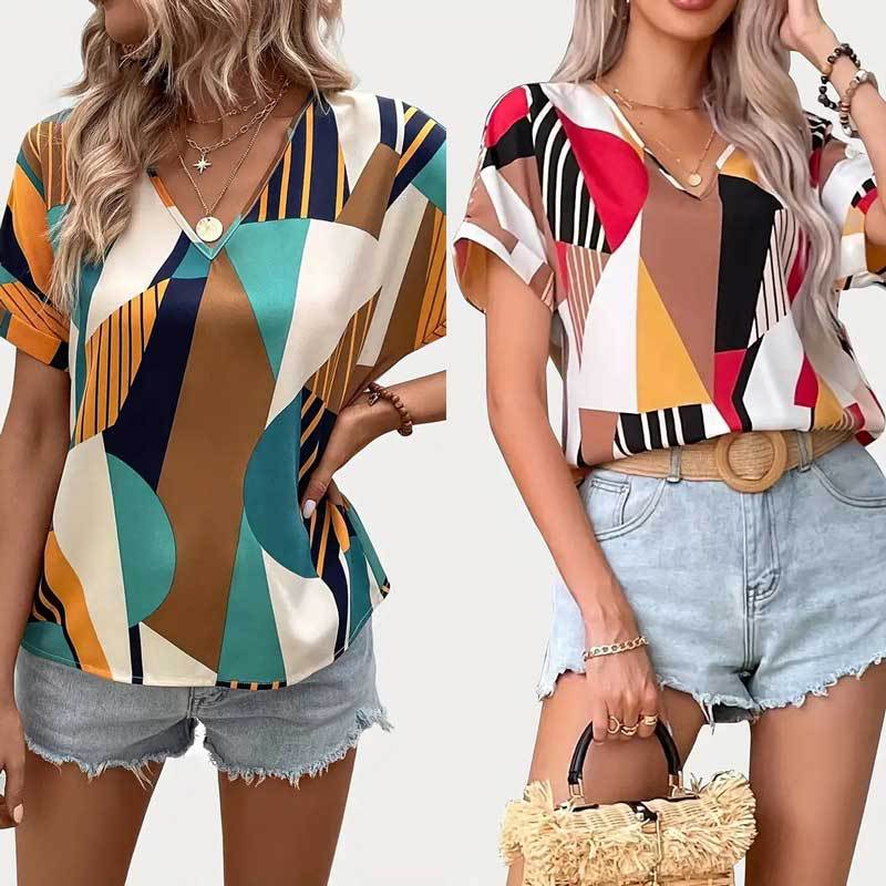 Fernanda® | Women'S Cotton T-Shirt With Modern Geometric Pattern And V-Neck