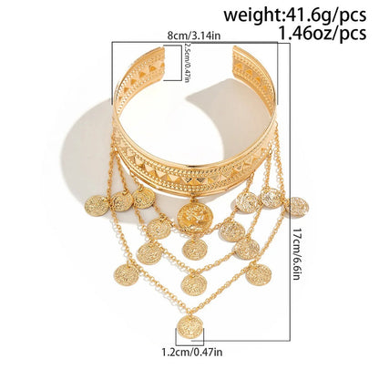 Metal Leaf Coin Tassel Open Bracelet