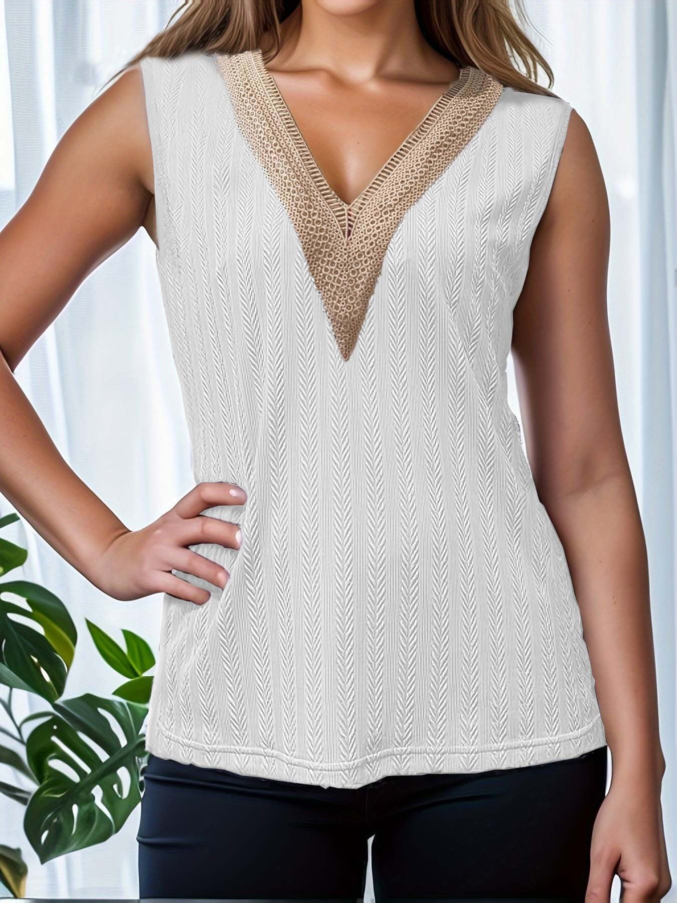 Sara® | Women'S Sleeveless Knitted Top With Elegant V-Neck And Decorative Crochet Pattern