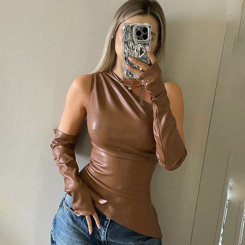 Ximena® | Women'S Asymmetric Leather Top With Long Sleeves
