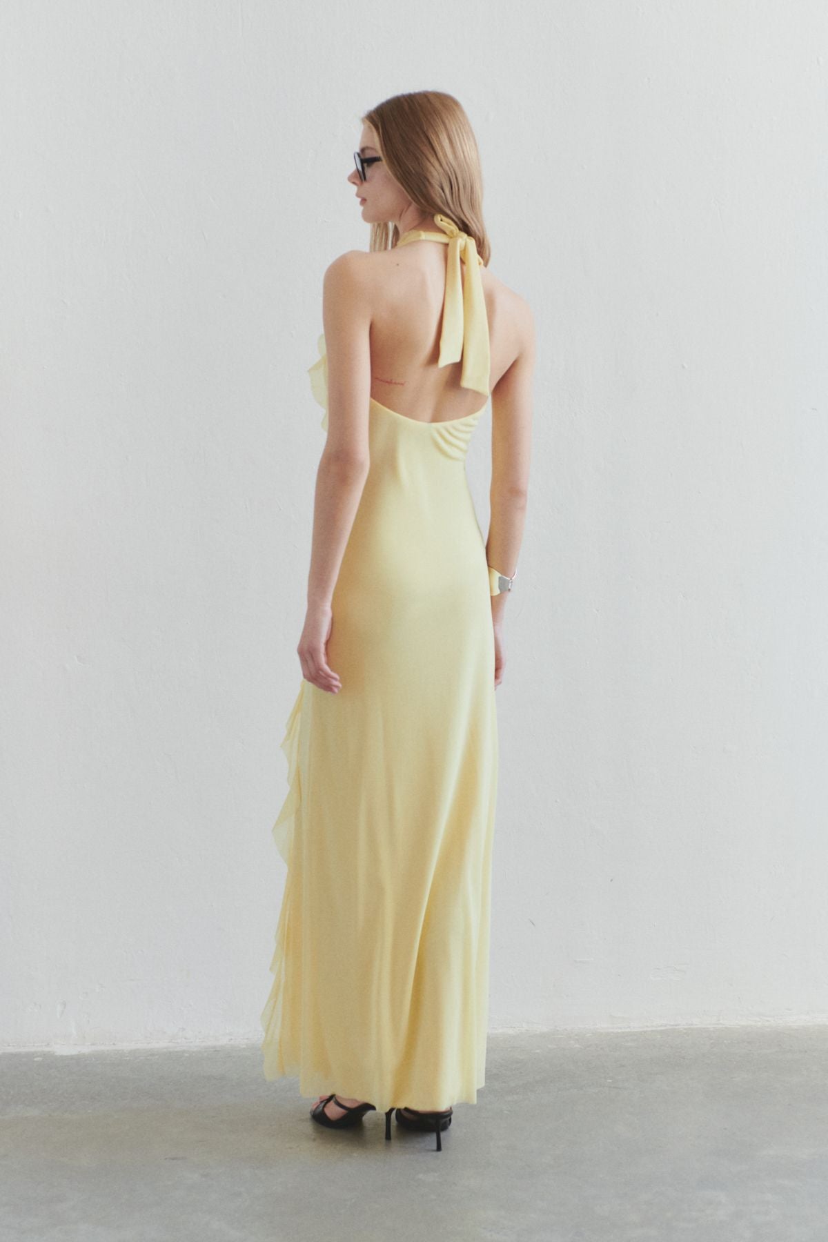 Yellow solid color halter back lace dress