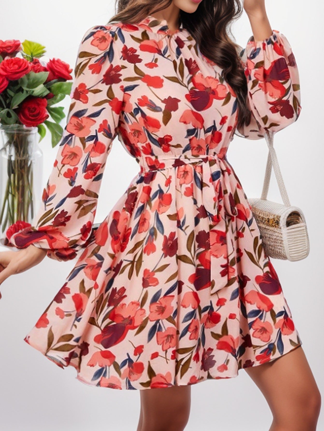 Nerea® | Women'S Floral Print Dress With Waist Belt And Long Sleeves
