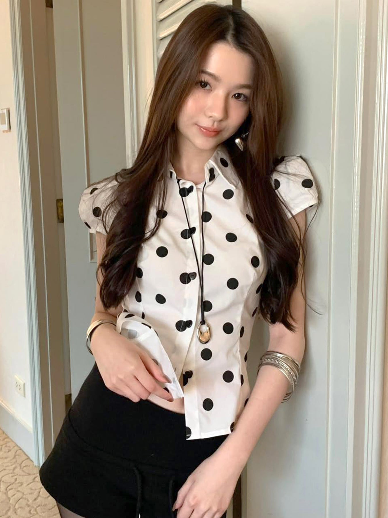 Vintage Polka Dot Print Short Sleeve Loose Versatile Blouse