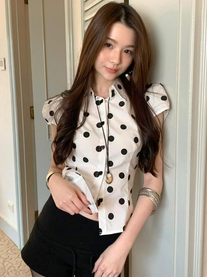 Vintage Polka Dot Print Short Sleeve Loose Versatile Blouse